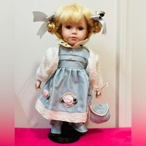 Vintage Unique Porcelain Hand painted Doll 11" in Blue Dress